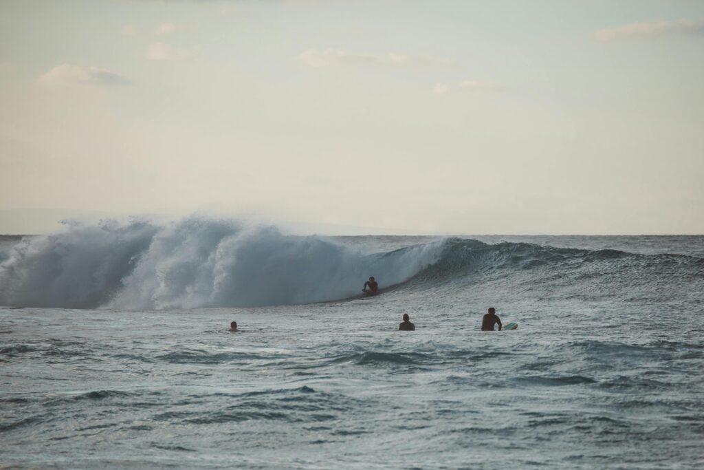surfistas varios en olas del mar tranquilo